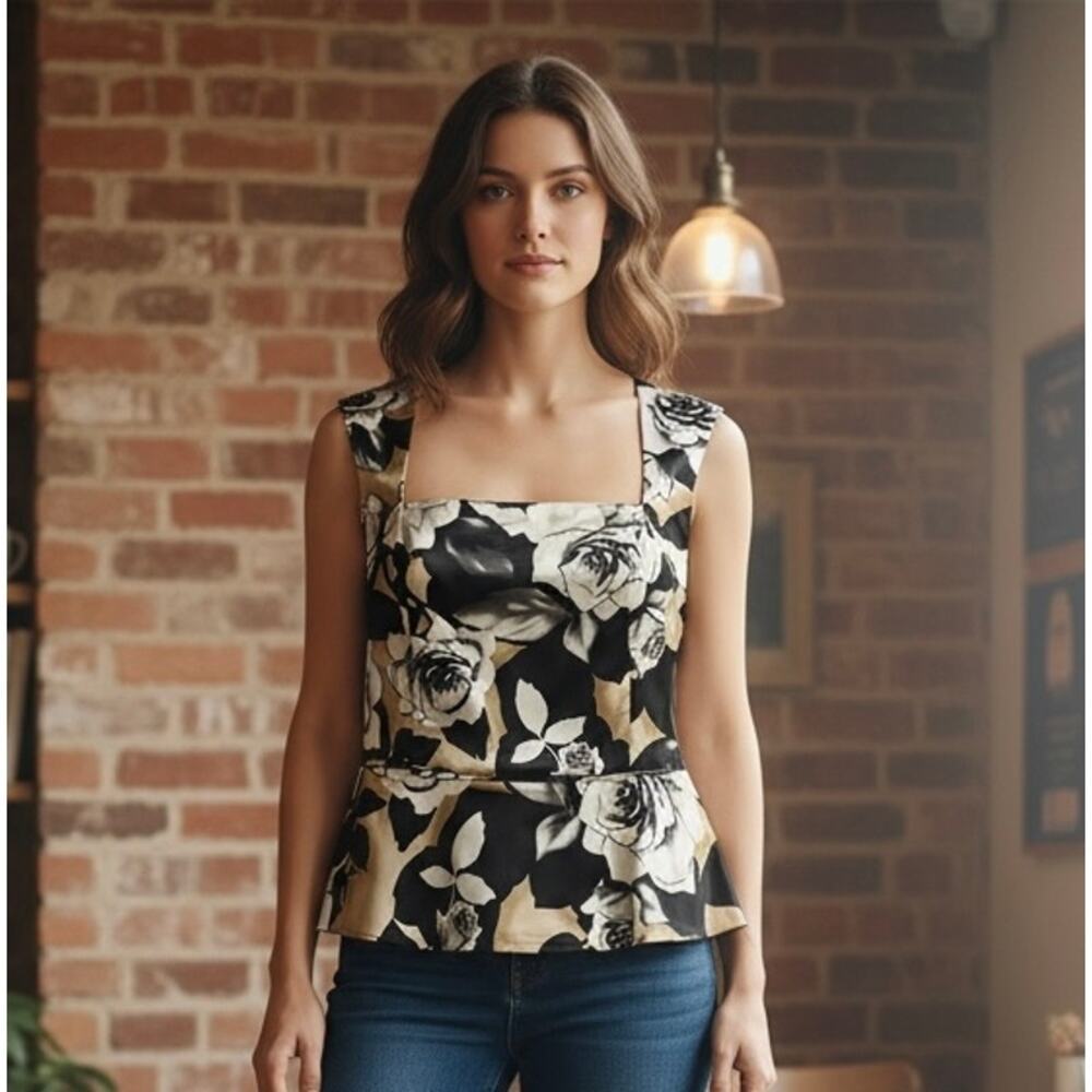 White House Black Market Floral Peplum Top Satin Square Neck Womens Size 12